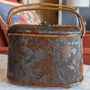Vintage Wooden Purse with Embossed Floral Design